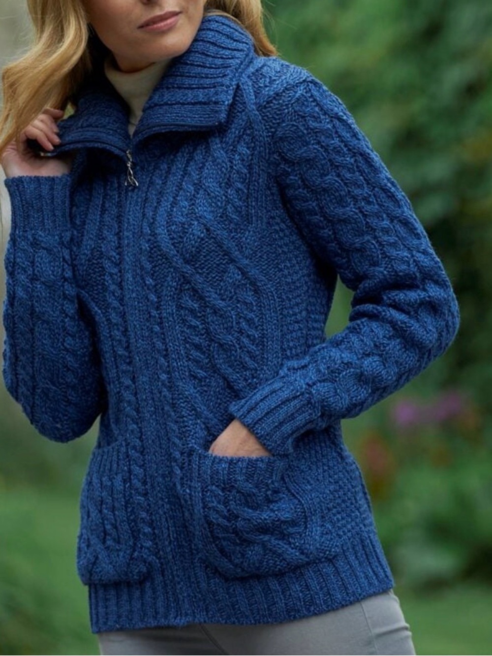 Women’s ARAN Deep Navy Irish Merino Wool Double Collar Cardigan